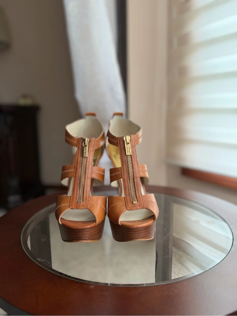 Michael Kors Brown Leather Strappy Platform Heels with Front Zip Detail